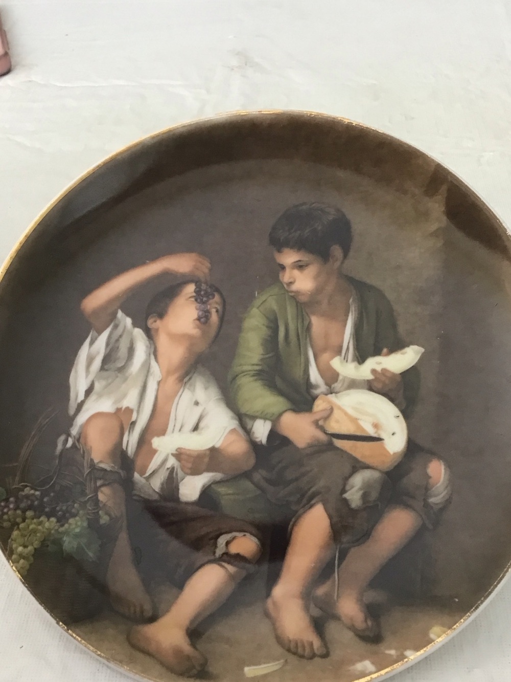 Porcelain Bavaria Plate two boys eating 1981 Treinfeld.   #198